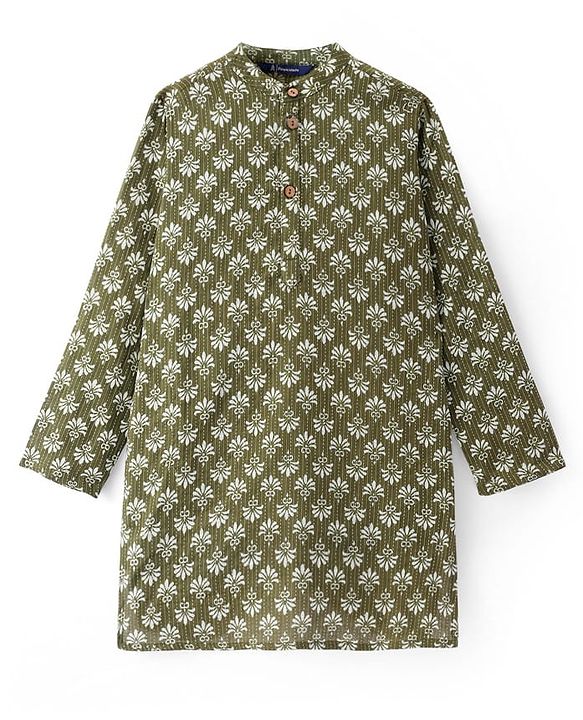 Pine Kids Cotton Woven Full Sleeves Printed Kurta - Olive Green