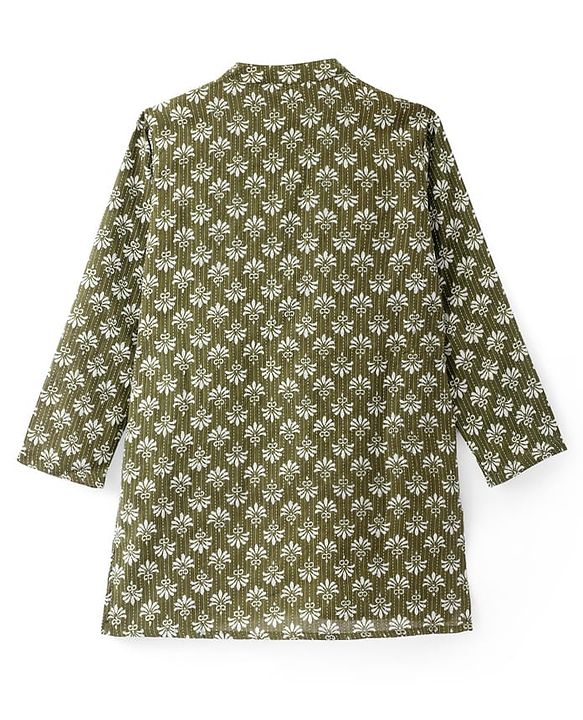 Pine Kids Cotton Woven Full Sleeves Printed Kurta - Olive Green
