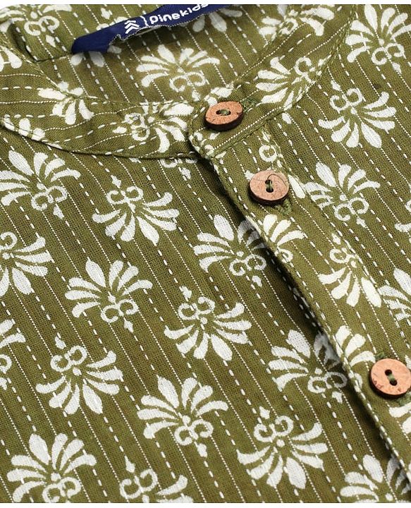 Pine Kids Cotton Woven Full Sleeves Printed Kurta - Olive Green