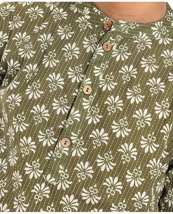 Pine Kids Cotton Woven Full Sleeves Printed Kurta - Olive Green