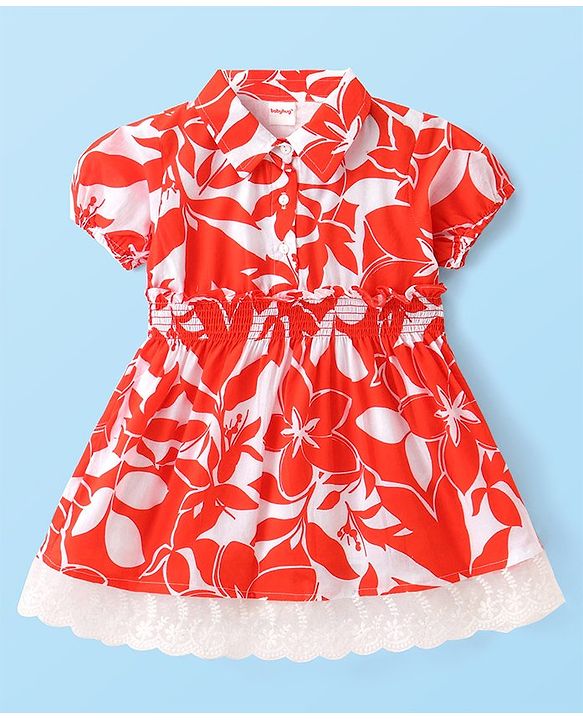 Babyhug Poplin Woven Half Sleeves Shirt Dress with Smoked & Lace Detailing Floral Print - Red & White