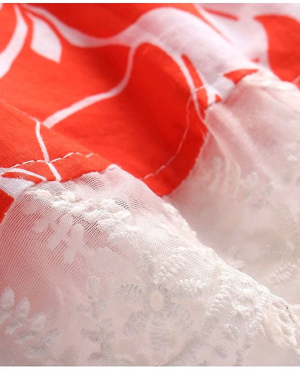 Babyhug Poplin Woven Half Sleeves Shirt Dress with Smoked & Lace Detailing Floral Print - Red & White