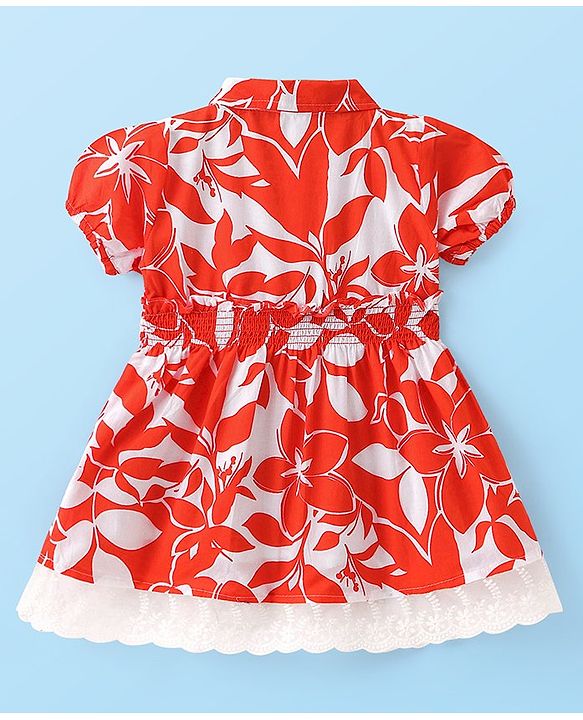 Babyhug Poplin Woven Half Sleeves Shirt Dress with Smoked & Lace Detailing Floral Print - Red & White