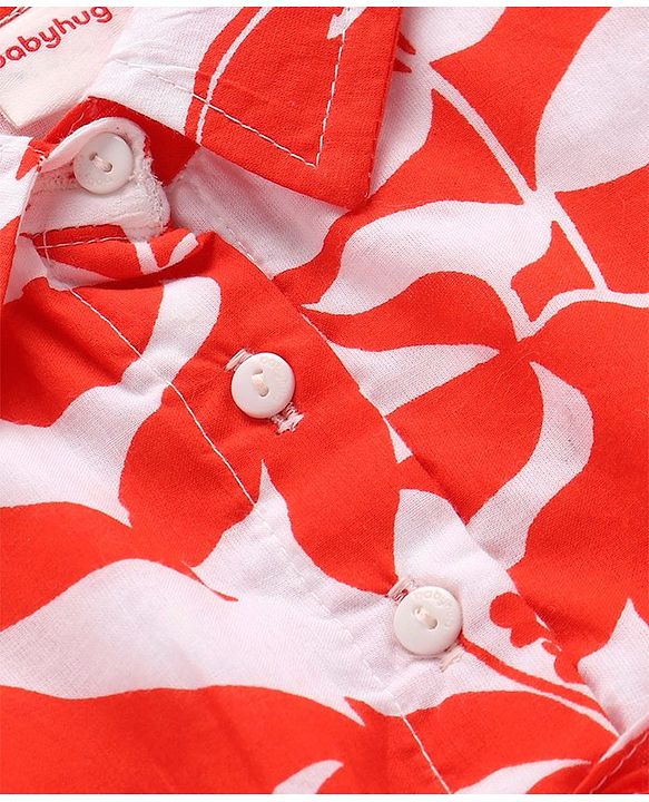 Babyhug Poplin Woven Half Sleeves Shirt Dress with Smoked & Lace Detailing Floral Print - Red & White