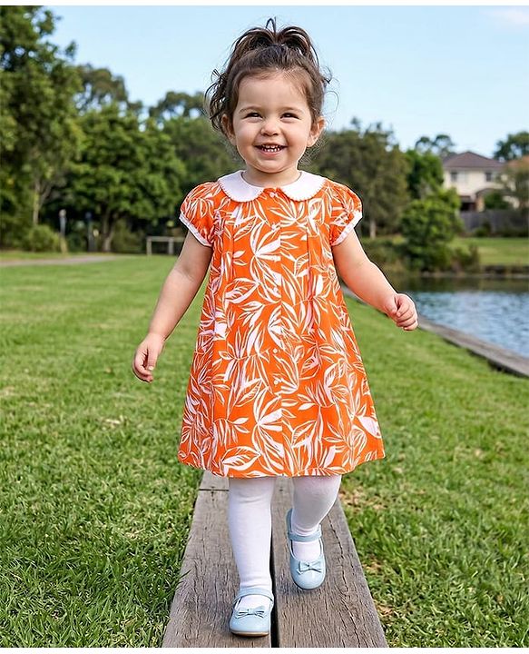 Babyhug Cambric Woven Puffed Sleeves A Line Frock with Peter Pan Collar Leaf Print - Orange