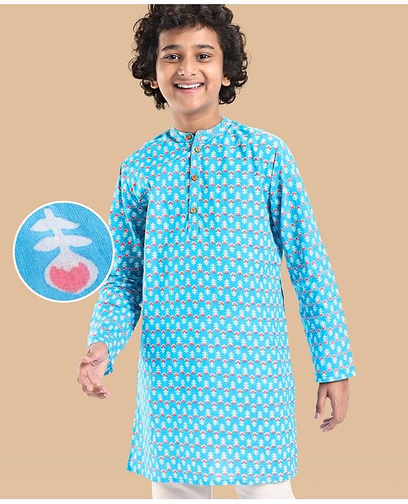 Pine Kids Cotton Woven Full Sleeves Kurta Floral Print - Light Blue