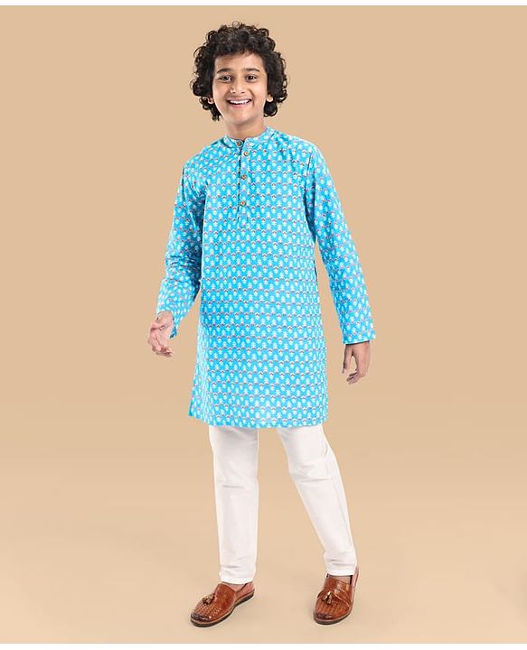 Pine Kids Cotton Woven Full Sleeves Kurta Floral Print - Light Blue