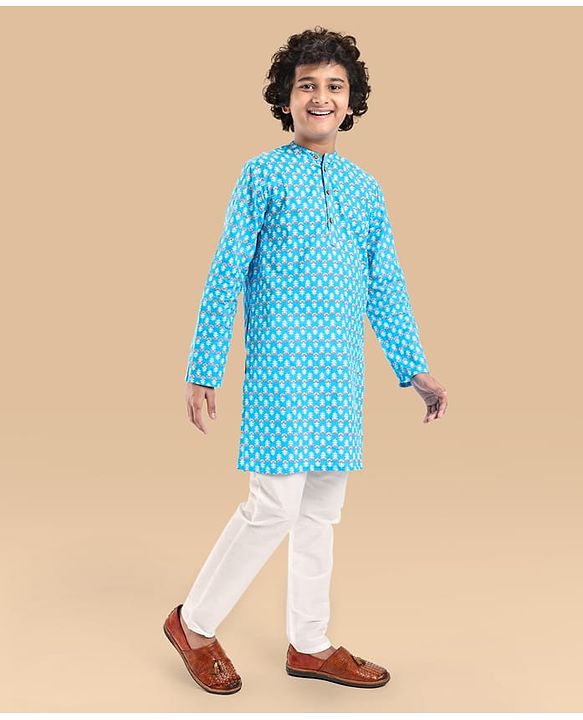 Pine Kids Cotton Woven Full Sleeves Kurta Floral Print - Light Blue