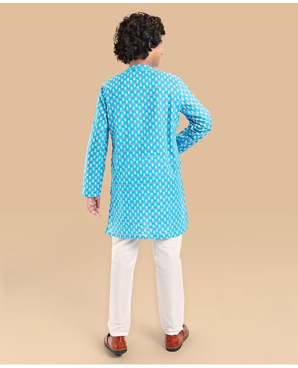 Pine Kids Cotton Woven Full Sleeves Kurta Floral Print - Light Blue