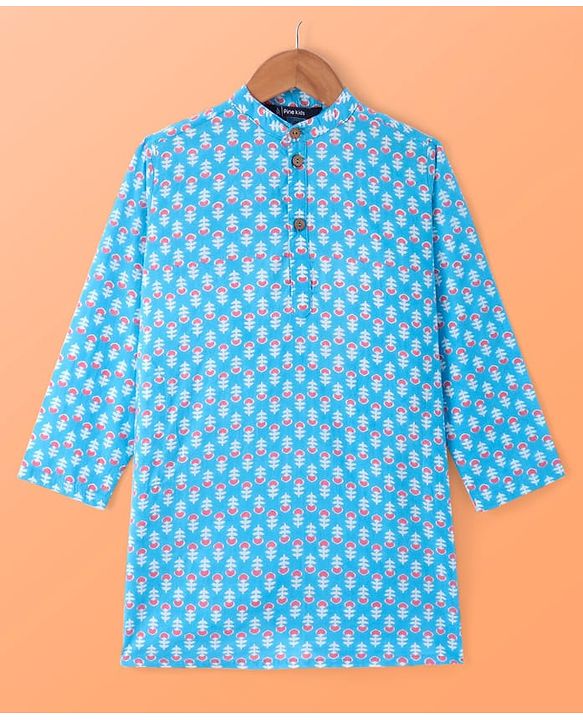 Pine Kids Cotton Woven Full Sleeves Kurta Floral Print - Light Blue