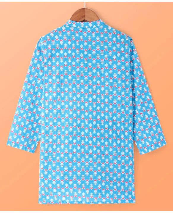 Pine Kids Cotton Woven Full Sleeves Kurta Floral Print - Light Blue