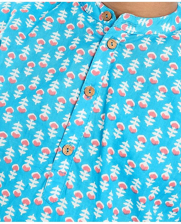 Pine Kids Cotton Woven Full Sleeves Kurta Floral Print - Light Blue