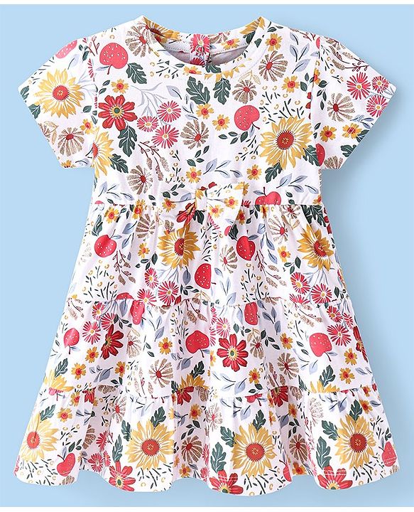 Babyhug Single Jersey half Sleeves Frock with Floral Print - White