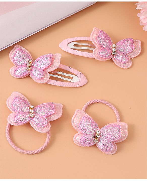 Pine Kids Rubber Bands & Snap Clips Set with Butterfly Applique Pack of 4 - Dark Pink