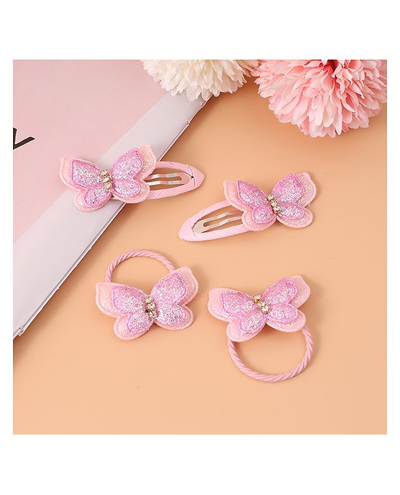 Pine Kids Rubber Bands & Snap Clips Set with Butterfly Applique Pack of 4 - Dark Pink