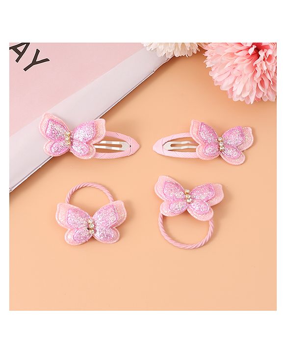 Pine Kids Rubber Bands & Snap Clips Set with Butterfly Applique Pack of 4 - Dark Pink
