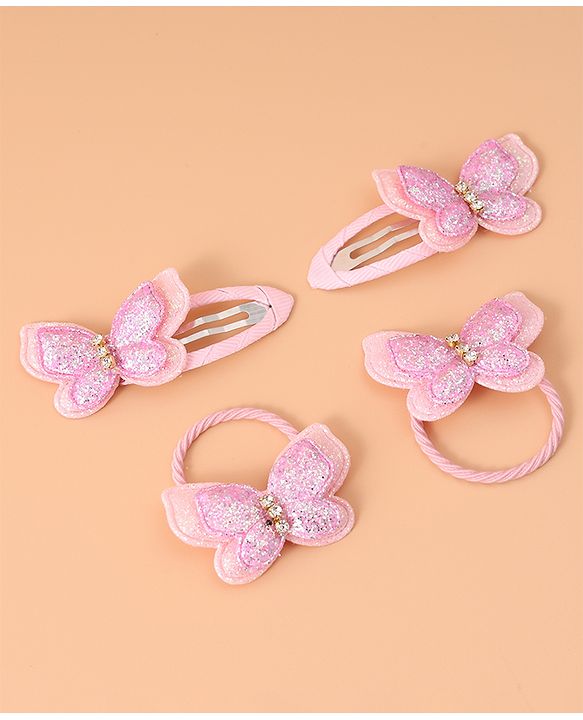 Pine Kids Rubber Bands & Snap Clips Set with Butterfly Applique Pack of 4 - Dark Pink