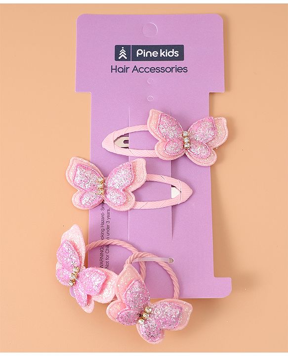Pine Kids Rubber Bands & Snap Clips Set with Butterfly Applique Pack of 4 - Dark Pink