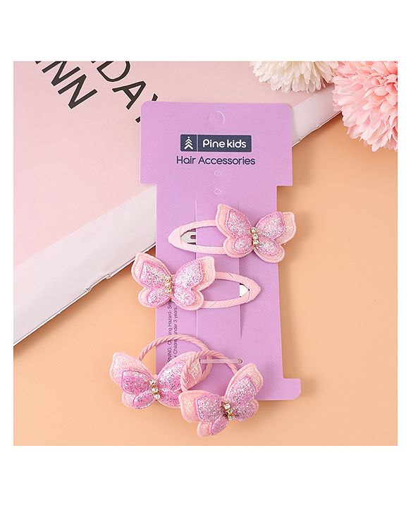 Pine Kids Rubber Bands & Snap Clips Set with Butterfly Applique Pack of 4 - Dark Pink