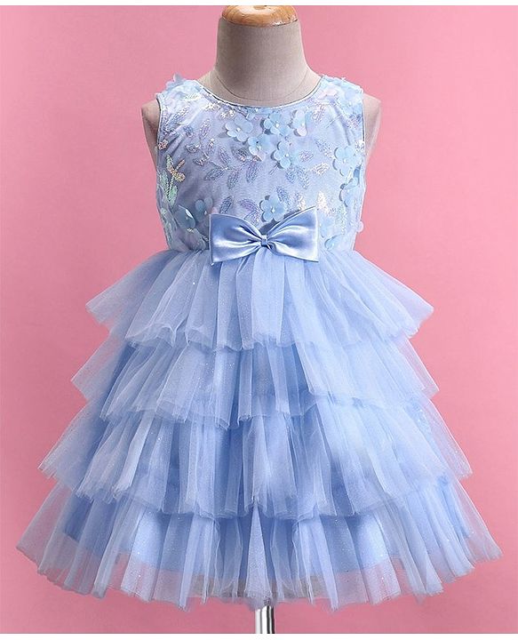 Babyhug Woven Sleeveless Layered  Party Frock with Sequin & Floral Detailing Bow Applique - Blue