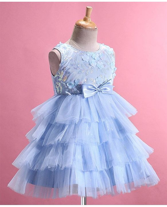 Babyhug Woven Sleeveless Layered  Party Frock with Sequin & Floral Detailing Bow Applique - Blue