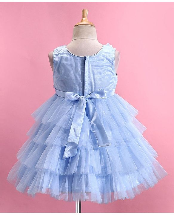 Babyhug Woven Sleeveless Layered  Party Frock with Sequin & Floral Detailing Bow Applique - Blue