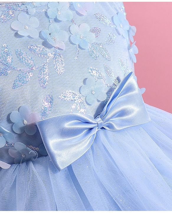 Babyhug Woven Sleeveless Layered  Party Frock with Sequin & Floral Detailing Bow Applique - Blue