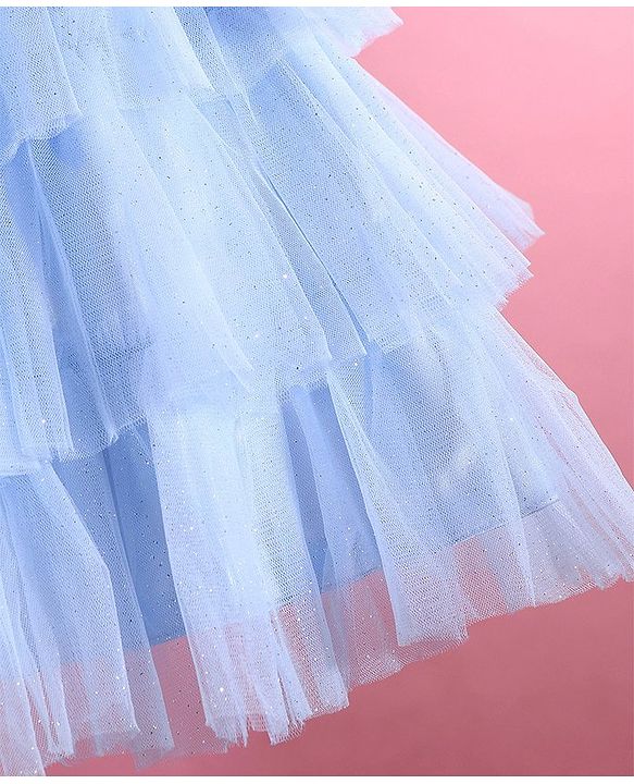 Babyhug Woven Sleeveless Layered  Party Frock with Sequin & Floral Detailing Bow Applique - Blue