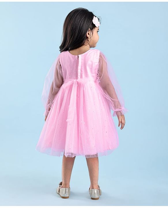 Babyhug  Woven Full Sleeves Shimmered Party Frock with Embellished Yoke & Sequin Detailing Bow Applique - Pink