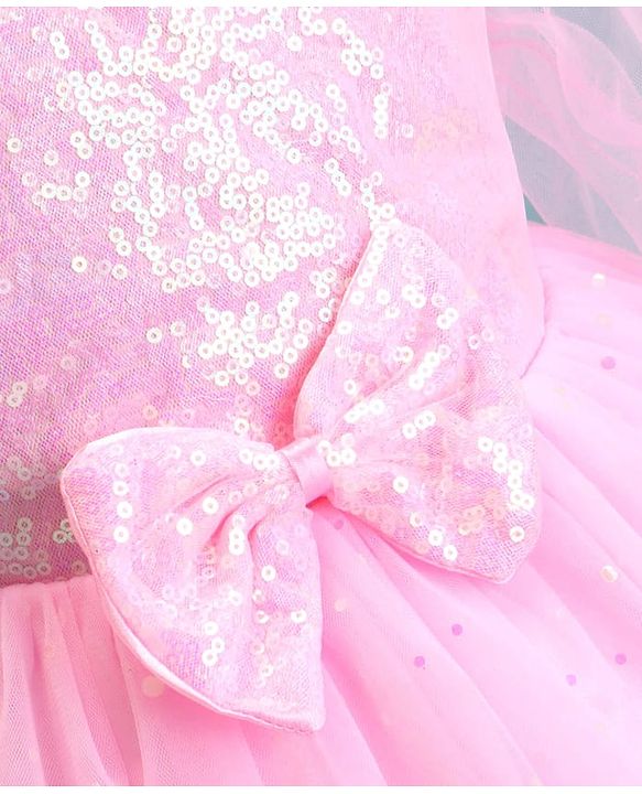 Babyhug  Woven Full Sleeves Shimmered Party Frock with Embellished Yoke & Sequin Detailing Bow Applique - Pink