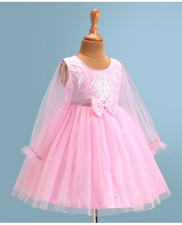 Babyhug  Woven Full Sleeves Shimmered Party Frock with Embellished Yoke & Sequin Detailing Bow Applique - Pink
