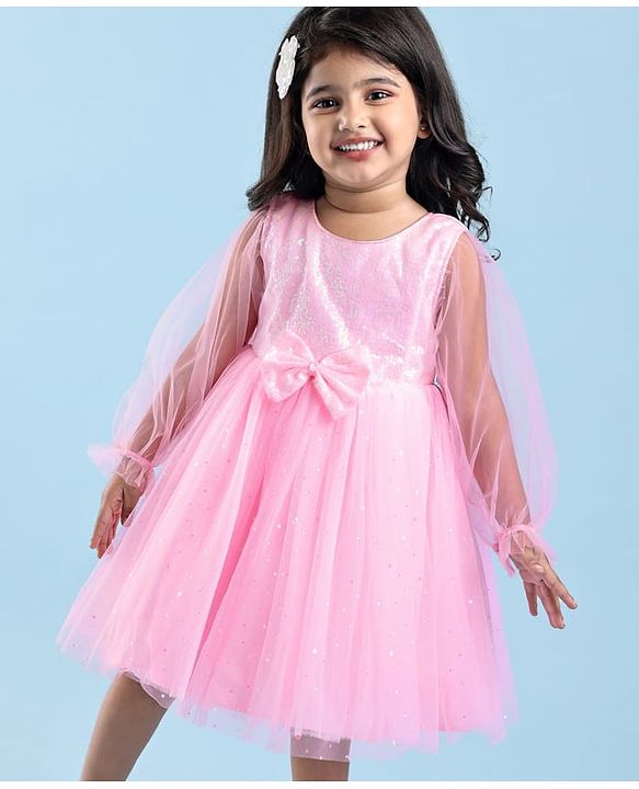 Babyhug  Woven Full Sleeves Shimmered Party Frock with Embellished Yoke & Sequin Detailing Bow Applique - Pink