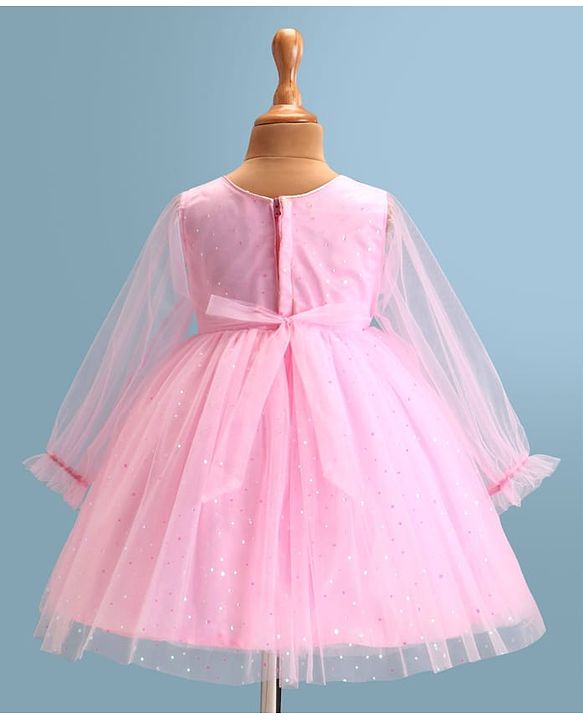 Babyhug  Woven Full Sleeves Shimmered Party Frock with Embellished Yoke & Sequin Detailing Bow Applique - Pink