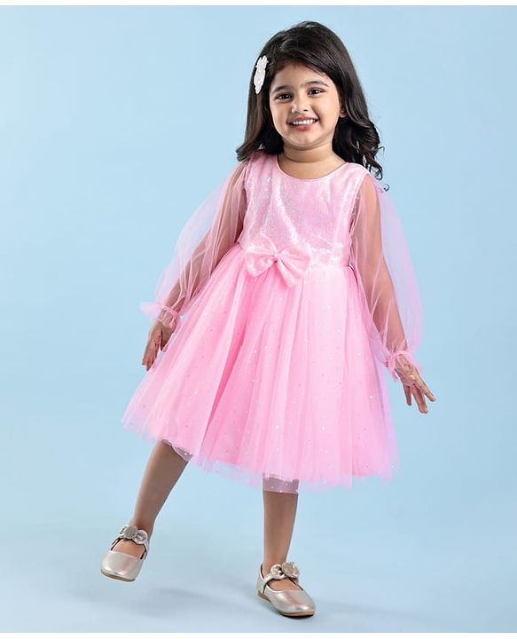 Babyhug  Woven Full Sleeves Shimmered Party Frock with Embellished Yoke & Sequin Detailing Bow Applique - Pink
