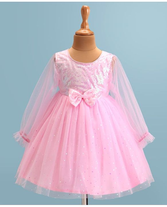 Babyhug  Woven Full Sleeves Shimmered Party Frock with Embellished Yoke & Sequin Detailing Bow Applique - Pink