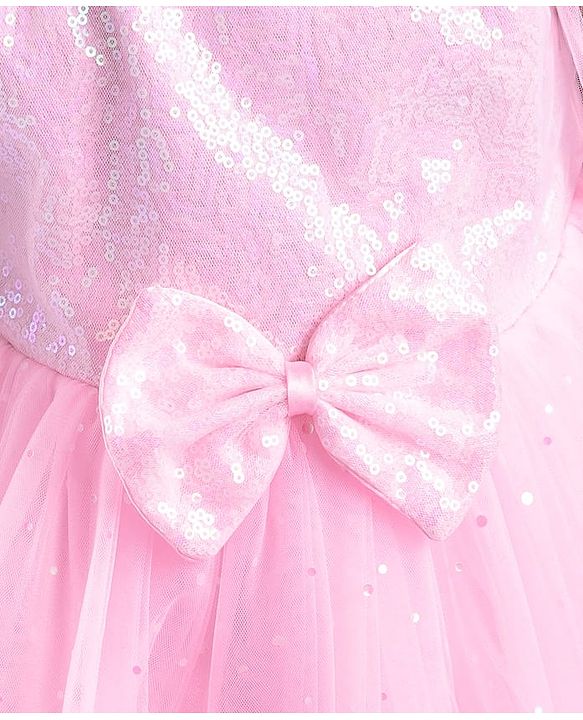 Babyhug  Woven Full Sleeves Shimmered Party Frock with Embellished Yoke & Sequin Detailing Bow Applique - Pink