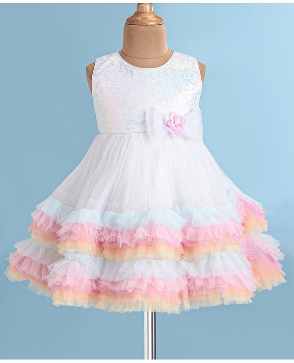 Babyhug Woven Sleeveless Fit and Flare Sequinned Mesh Party Frock with Frill Details At Hem -Multicolor