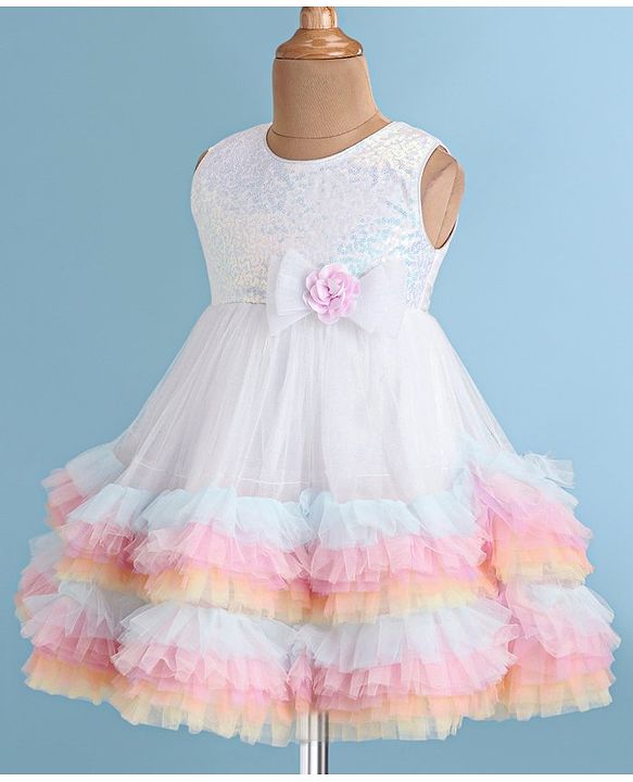 Babyhug Woven Sleeveless Fit and Flare Sequinned Mesh Party Frock with Frill Details At Hem -Multicolor