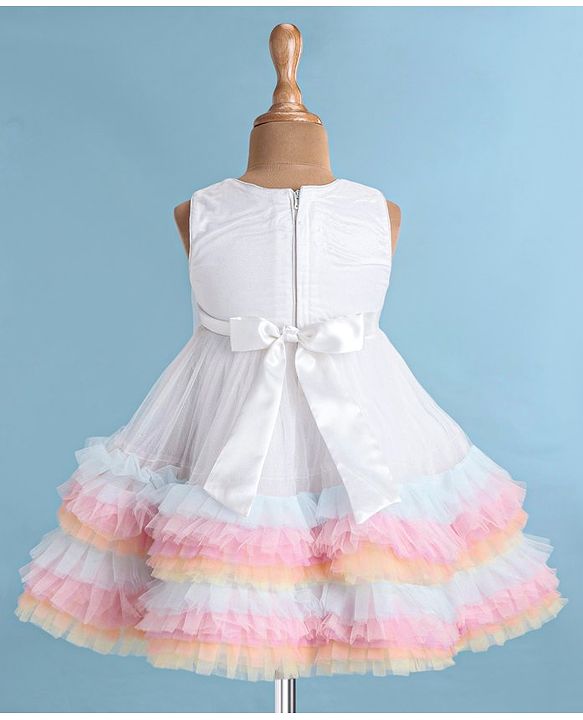 Babyhug Woven Sleeveless Fit and Flare Sequinned Mesh Party Frock with Frill Details At Hem -Multicolor