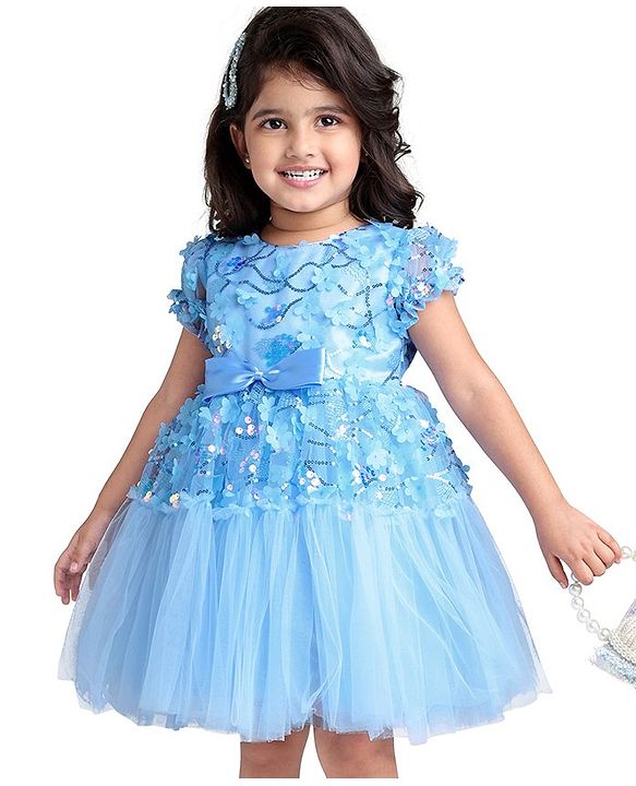 Babyhug Woven Half Puffed Sleeves Fit & Flared Sequined Party Frock with Floral Applique - Blue