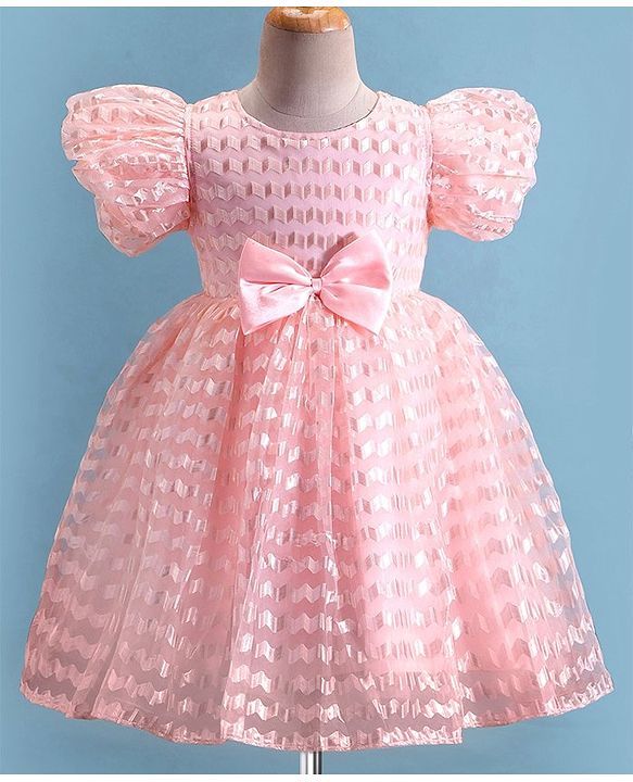Babyhug Woven Puffed Half Sleeves Fit & Flared Embroidered Party Frock with Bow Applique - Peach
