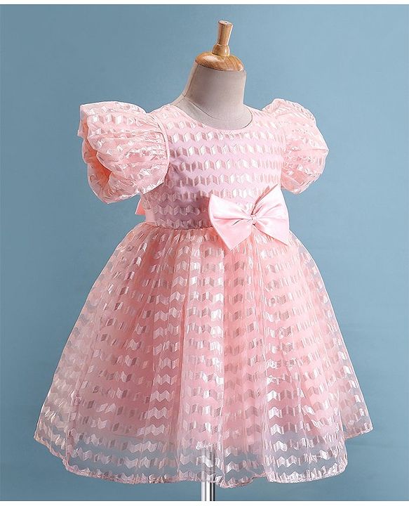 Babyhug Woven Puffed Half Sleeves Fit & Flared Embroidered Party Frock with Bow Applique - Peach