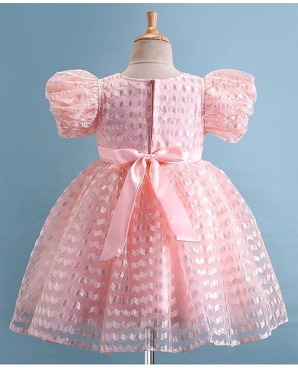 Babyhug Woven Puffed Half Sleeves Fit & Flared Embroidered Party Frock with Bow Applique - Peach
