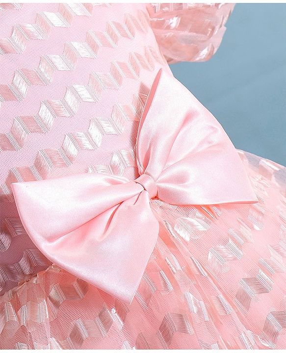 Babyhug Woven Puffed Half Sleeves Fit & Flared Embroidered Party Frock with Bow Applique - Peach