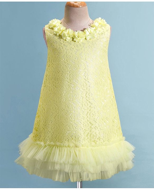 Babyhug Sleeveless A Line  Party Frock with Floral Corsage & Frill Detailing  - Yellow