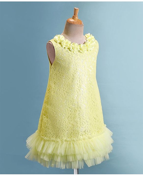 Babyhug Sleeveless A Line  Party Frock with Floral Corsage & Frill Detailing  - Yellow