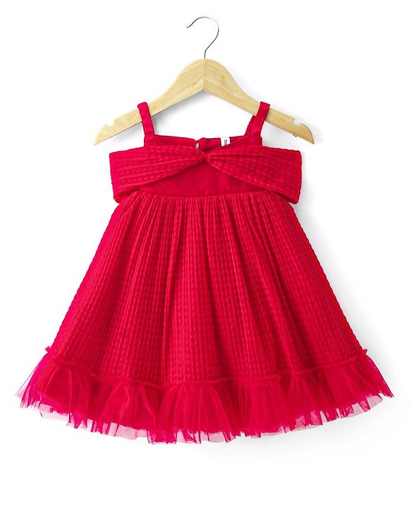 Babyhug Sleeveless Pleated Mesh A Liner Party Frock with Frill Detailing Solid Colour - Red