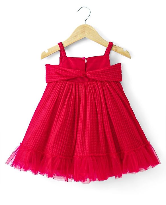 Babyhug Sleeveless Pleated Mesh A Liner Party Frock with Frill Detailing Solid Colour - Red