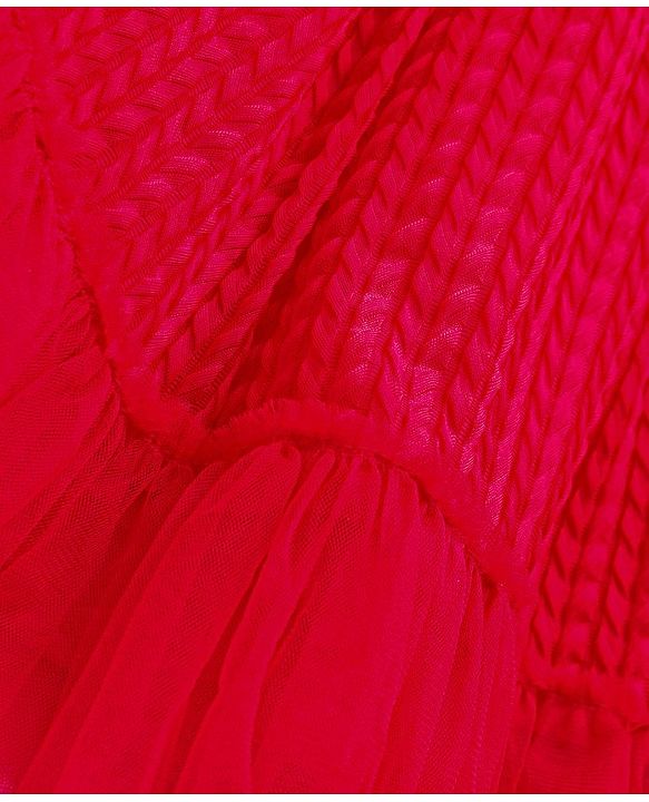 Babyhug Sleeveless Pleated Mesh A Liner Party Frock with Frill Detailing Solid Colour - Red