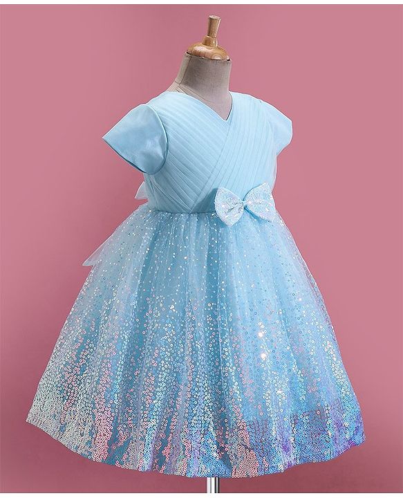 Babyhug Woven Half Sleeves Sequined Fit & Flared  Party Frock with Bow Detailing - Blue